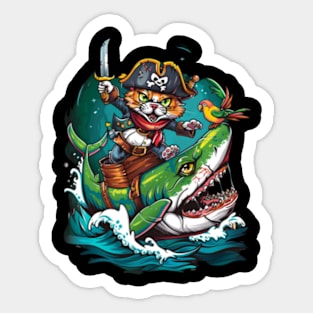 Cat Riding Shark Oceanic Excursion Sticker